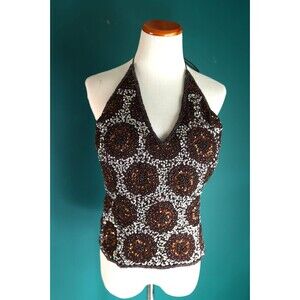 Vintage Y2K Speed Limit NYC Brown Beaded Sequin Corset Halter Top Fairy Grunge L